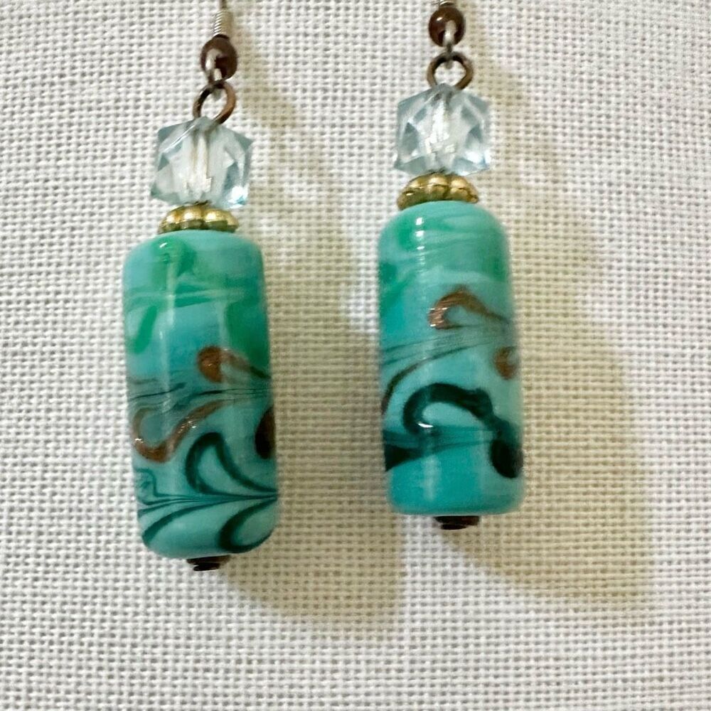 Blue green beaded glass drop earrings